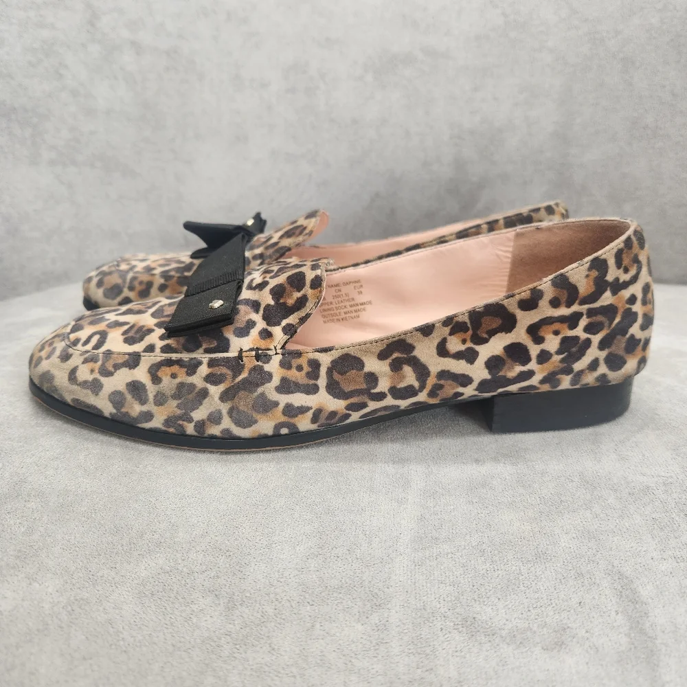 Kate Spade Loafers 8.5 Leopard Tan Leather Daphne Black Bow Logo Animal Print